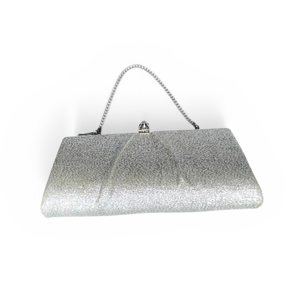 Silver Glitter Evening Clutch Bag Faux Pearl Kiss Lock Formal‎ Wedding Handbag